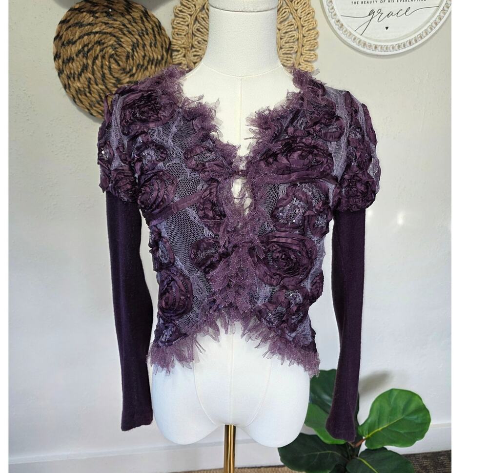 Lulumari Purple y2k Ribbon Roses Mesh Lightweight Sweater Womens S READ